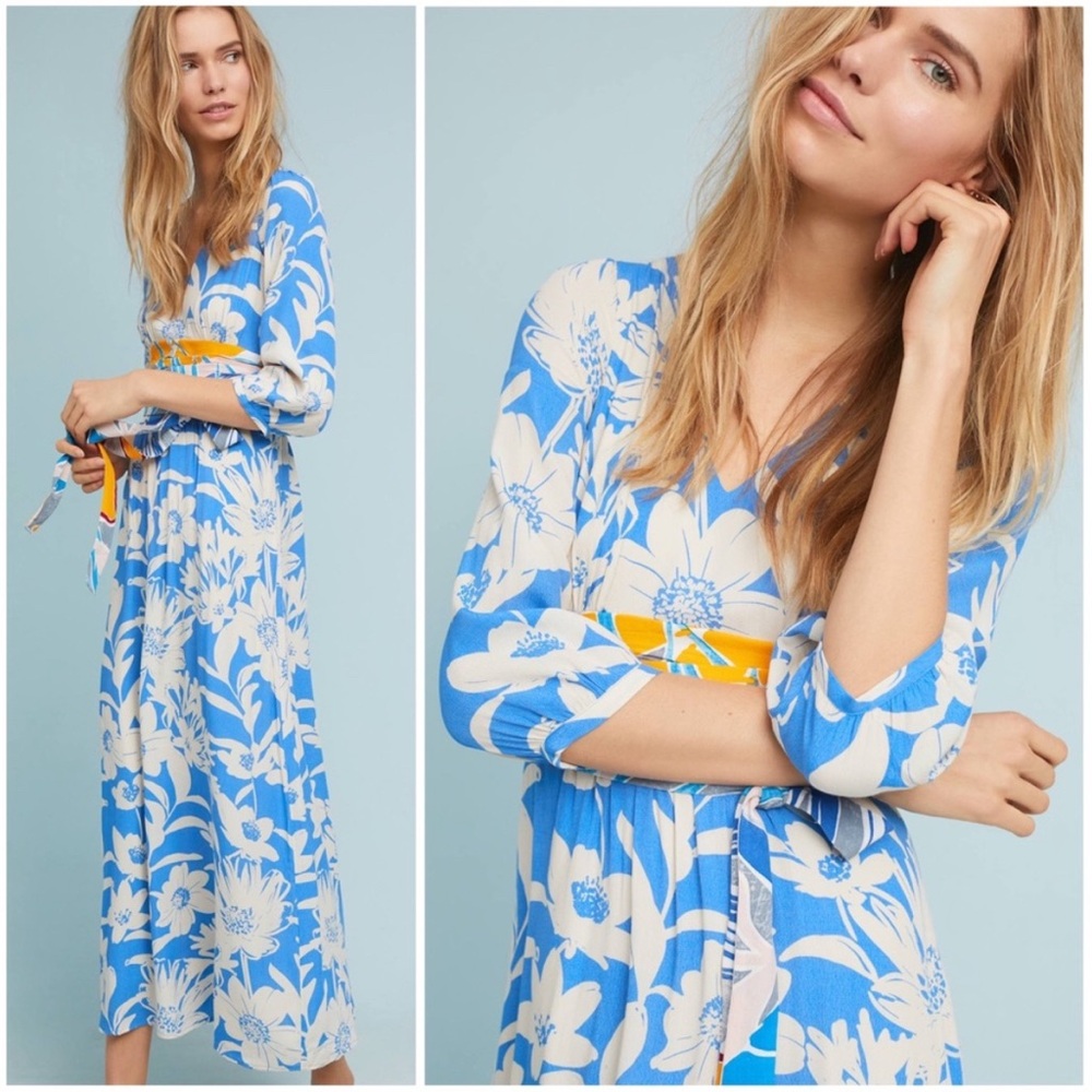 Blue Floral Maxi Dress with White Print